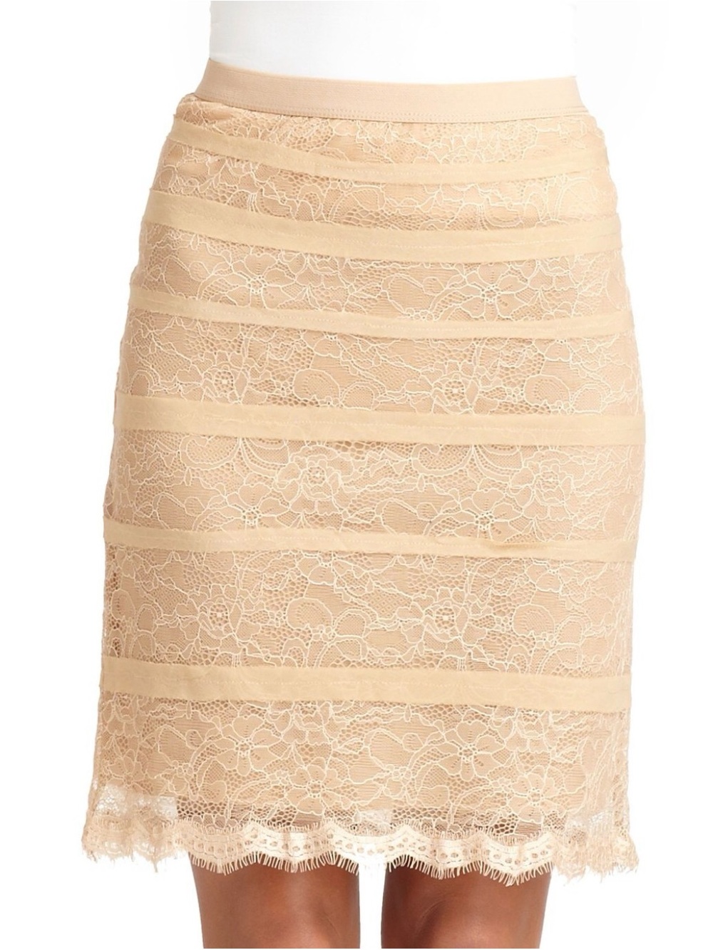 BCBGMaxAzria Beige Lace Midi Pencil Skirt